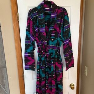VTG Intimate Options Fleece Robe Belt Pockets LG Aztec Southwest Geometric Print